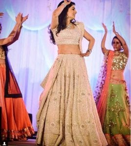 pink lamé sangeet lehenga